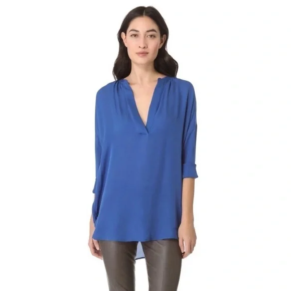 VINCE Half Placket Popover Blouse 100% Silk Royal Blue - Picture 5 of 10